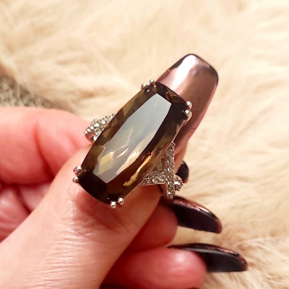 23.00CT Rectagular Cushion Cut Smoky Quartz w/.57CTW Zircon Sterling Silver Ring